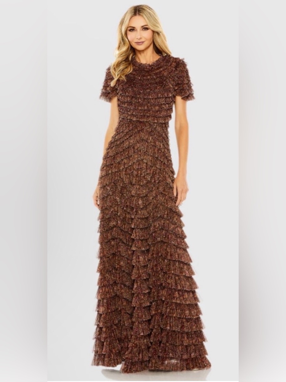 New Mac Duggal Ruffle Tiered High Neck Dress - in Brown Multi Sz: 22 #8042